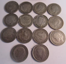 Load image into Gallery viewer, KING GEORGE V .500 SILVER 6D SIXPENCES X 14 WITH POUCH
