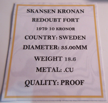 Load image into Gallery viewer, 1689-1979 SKANSEN KRONAN REDOUBT FORT SWEDEN 10 KRONOR COPPER PROOF BOX &amp; COA
