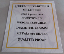 Load image into Gallery viewer, 2000 QEII MILLENNIUM SILVER PROOF 1P ONE PENNY COIN IN BOX WITH COA
