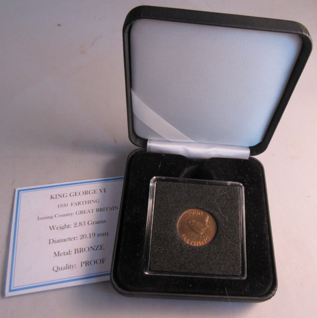 1950 KING GEORGE VI FARTHING BRONZE PROOF COIN WITH QUAD CAPSULE BOX & COA