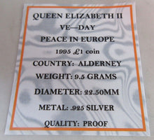 Load image into Gallery viewer, 1995 VE DAY PEACE IN EUROPE ALDERNEY SILVER PROOF ONE POUND £1 COIN BOX AND COA

