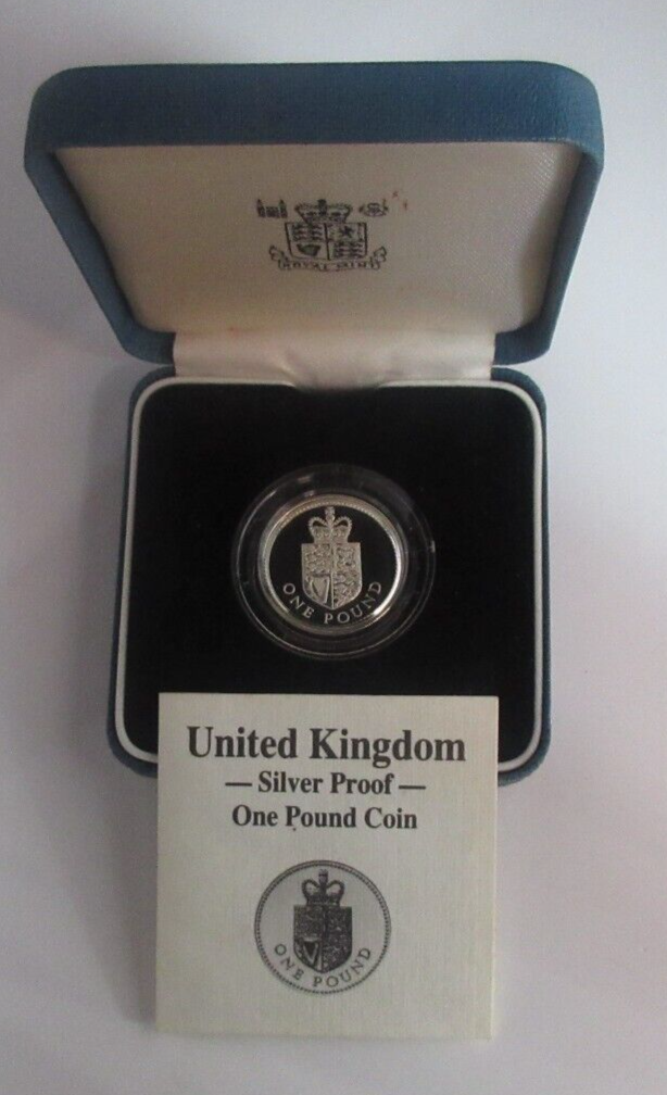 1988 Royal Shield of Arms Silver Proof UK Royal Mint £1 Coin Box + COA Cc1