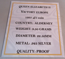 Load image into Gallery viewer, QUEEN ELIZABETH II VICTORY IN EUROPE ALDERNEY 1995 SILVER PROOF £1 COIN BOX &amp;COA
