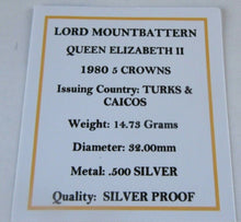 Load image into Gallery viewer, 1980 LORD MOUNTBATTEN QUEEN ELIZABETH II SILVER PROOF 5 CROWNS COIN BOX &amp; COA
