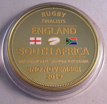 Load image into Gallery viewer, 2019 THE RUGBY FINALIST ENGLAND SOUTH AFRICA 2ND NOV GOLD PLATED MEDAL BOX &amp; COA
