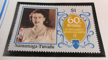 Load image into Gallery viewer, 1986 QUEEN ELIZABETH II 60TH BIRTHDAY NANUMAGA TUVALU STAMPS &amp; ALBUM SHEET
