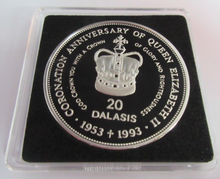 Load image into Gallery viewer, 1993 CORONATION ANNIVERSARY OF QUEEN ELIZABETH S/PROOF 20 DALASIS COIN BOX &amp; COA
