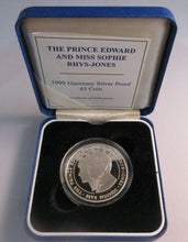 Load image into Gallery viewer, THE PRINCE EDWARD &amp; SOPHIE RHYS-JONES 1999 GUERNSEY SILVER PROOF £5 COIN BOXED
