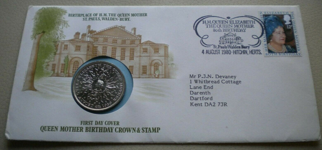 1980 BIRTHPLACE OF HM THE QUEEN MOTHER ST PAULS WALDEN-BURY CROWN COIN COVER PNC