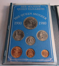 Load image into Gallery viewer, 1900-1980 HM QUEEN ELIZABETH THE QUEEN MOTHER 7 COIN SET &amp; ROYAL MINT BLUE BOOK
