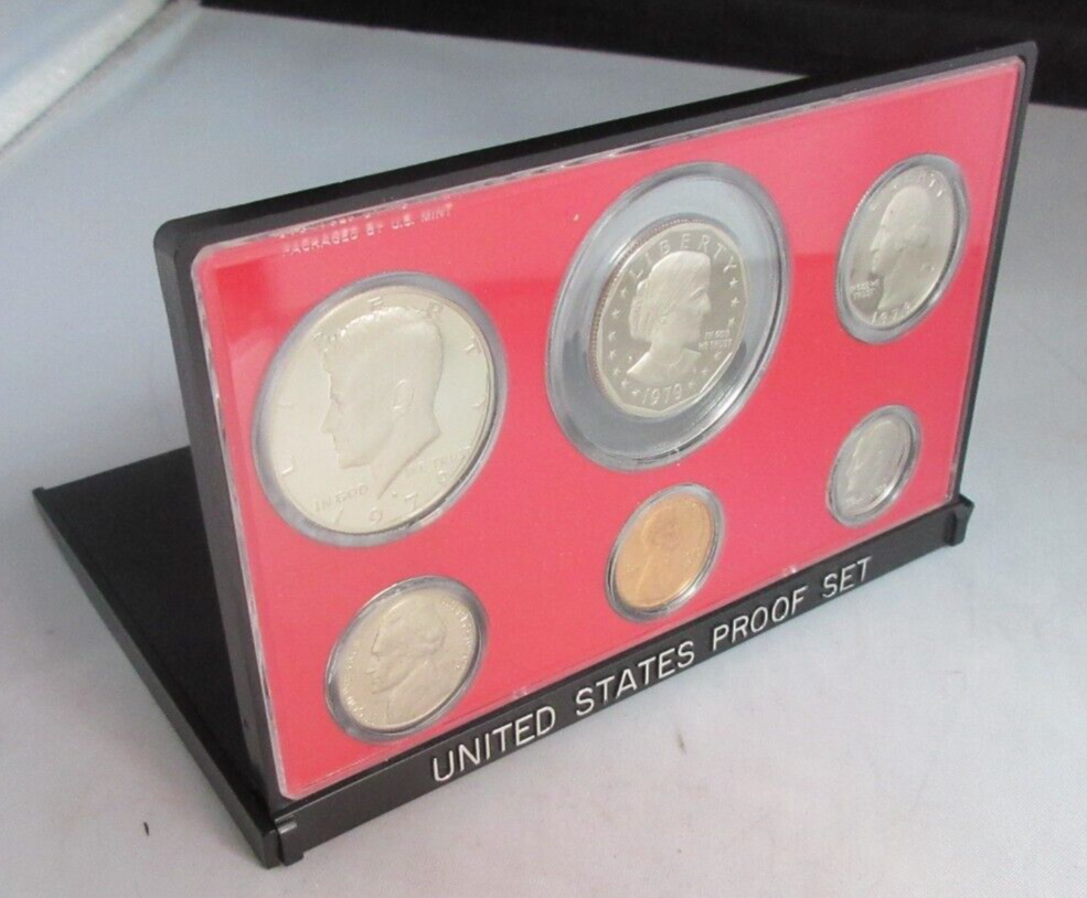 1979 USA PROOF 6 COIN SET  SANFASICO MINT $1 DOLLAR - CENT IN DISPLAY CASE/STAND