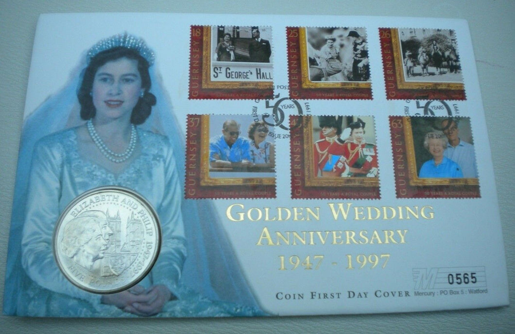 1947-1997 GOLDEN WEDDING ANNIVERSARY GUERNSEY £5 CROWN COIN 1ST DAY COVER PNC
