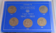 Load image into Gallery viewer, 1947-1951 QUEEN ELIZABETH II FLORINS BUNC 5 COIN SET IN ROYAL MINT BLUE BOOK
