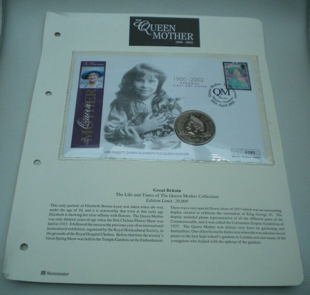 1900-2002 HER MAJESTY QUEEN ELIZABETH THE QUEEN MOTHER MEMORIAL £5 COINCOVER PNC