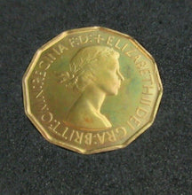 Load image into Gallery viewer, 1953 QUEEN ELIZABETH II THREE PENCE 3d BRASS PROOF COIN WITH QUAD CAPSULE &amp; COA
