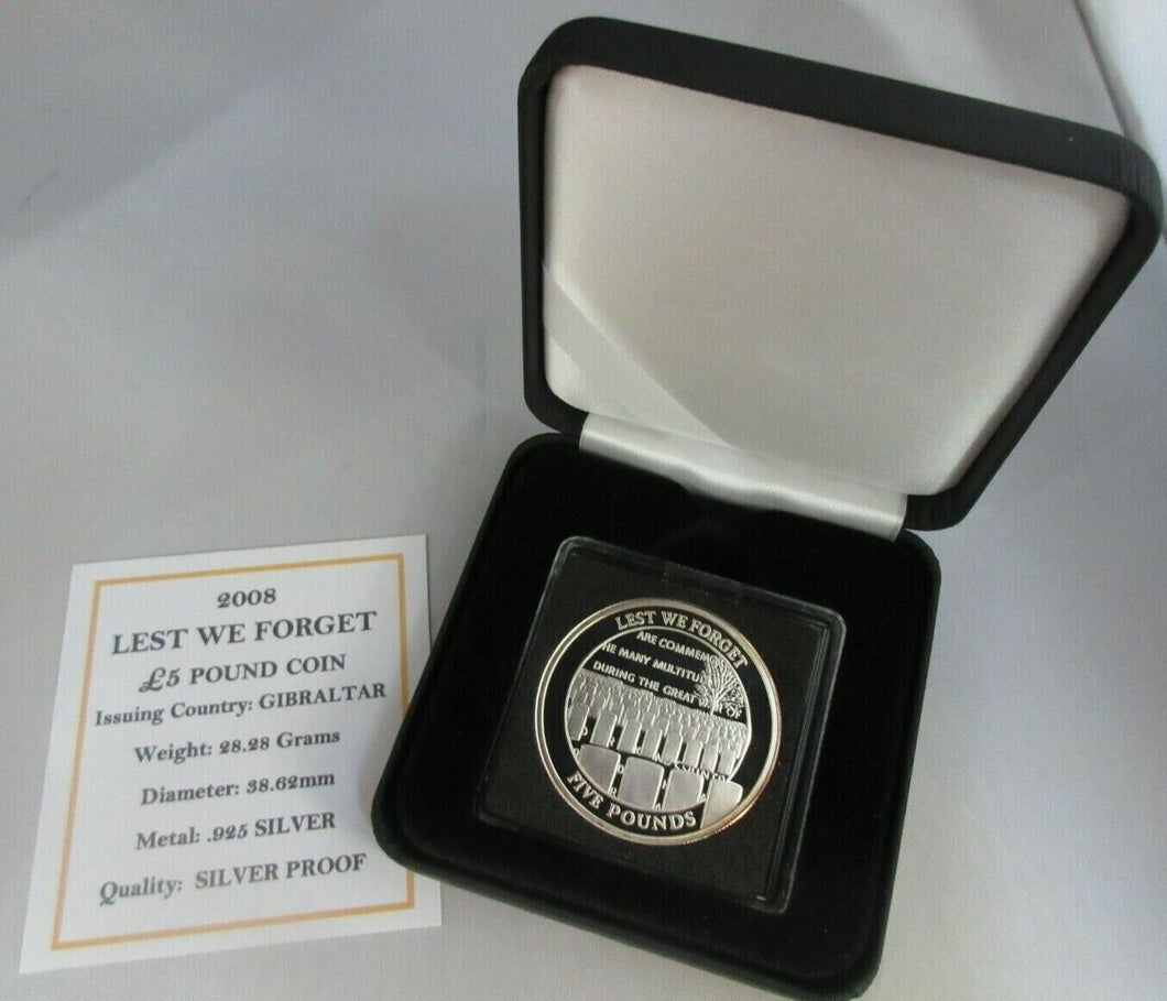 2008 £5 LEST WE FORGET GIBRALTAR FIVE POUND COIN SILVER PROOF BOX & COA