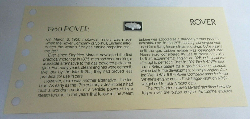 1950 ROVER 15mm X 10mm 1.60gram SILVER INGOT WITH INFORMATION SLIP