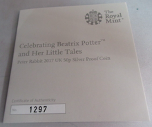 Load image into Gallery viewer, 2017 BEATRIX POTTER PETER RABBIT COLOURIZED SILVER PROOF ROYAL MINT 50p BOX&amp;COA
