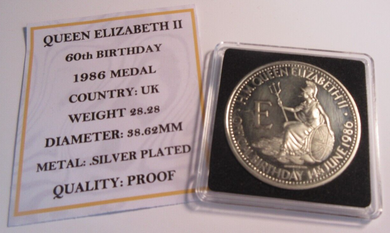 1986 QEII 60TH BIRTHDAY SILVER PLATED PROOF MEDAL CAPSULE & COA