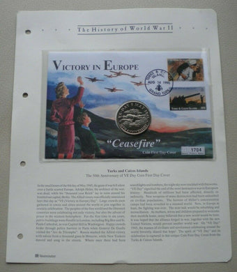 1995 VICTORY IN EUROPE CEASEFIRE TURKS & CAICOS BUNC 5 CROWN COIN COVER PNC