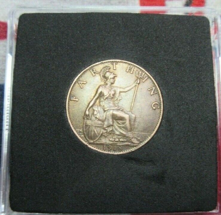 1918 GEORGE V FARTHING END OF WWI UNC IN LIGHTHOUSE QUAD CAPSULE