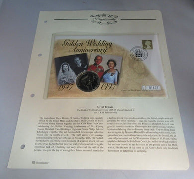 1947-1997 GOLDEN WEDDING ANNIVERSARY £5 CROWN COIN FIRST DAY COVER PNC & INFO