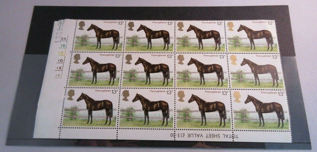 1978 THOROUGHBRED 13p BLOCK OF 12 STAMPS MNH