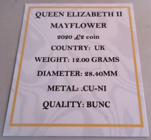 Load image into Gallery viewer, 2020 MAYFLOWER QEII BUNC £2 TWO POUND COIN WITH QUAD CAPSULE &amp; COA
