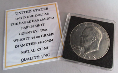 1972 USA D THE EAGLE HAS LANDED EARTH SHOT ONE DOLLAR $1 COIN IN QUAD CAP & COA