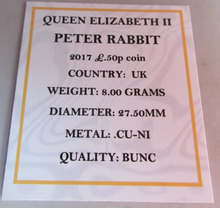 Load image into Gallery viewer, 2017 PETER RABBIT QEII BUNC 50P FIFTY PENCE COIN QUAD CAPSULE &amp; COA
