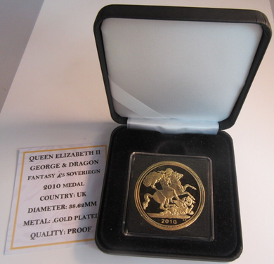 2010 QUEEN ELIZABETH II GEORGE & THE DRAGON GOLD PLATED MEDAL CAPSULE BOX & COA