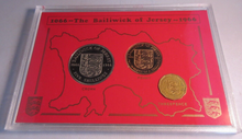 Load image into Gallery viewer, 1966 QUEEN ELIZABETH II BAILIWICK OF JERSEY 3 COIN SET  IN ROYAL MINT BLUE BOOK
