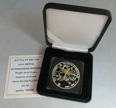 2010 BATTLE OF BRITAIN SUPERMARINE SPITFIRE SILVER PLATED PROOF MEDAL COA & BOX