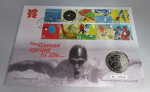Load image into Gallery viewer, 2010 THE GAMES SPRING TO LIFE LONDON 2012 OLYMPIC GAMES BUNC £5 COIN COVER PNC
