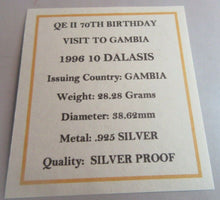 Load image into Gallery viewer, 1996 QUEEN ELIZABETH II 70TH BIRTHDAY VISIT GAMBIA S/PROOF 10 DALASIS COIN &amp;BOX
