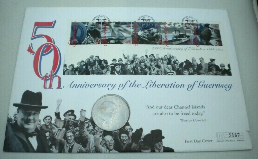 1965 50TH ANNIVERSARY OF THE LIBERATION GUERNSEY BUNC CHURCHILL CROWN COIN PNC