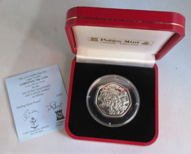 1995 CHRISTMAS 50P FIFTY PENCE SILVER PROOF IOM 50P WITH COA & BOX -  RARE COIN