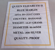 Load image into Gallery viewer, 1974 BAHAMAS BLUE MARLIN QEII 50 CENTS .800 SILVER PROOF COIN BOX &amp; COA
