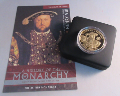 2007 QEII HENRY VIII HISTORY OF THE MONARCHY ALDERNEY S/PROOF £5 COIN BOX & COA