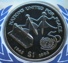 Load image into Gallery viewer, 1945-1995 NATIONS UNITED FOR PEACE LIBERIA 1 DOLLAR COMMEMORATIVE COIN COVER PNC
