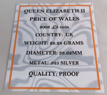 Load image into Gallery viewer, 2008 £5 QEII PRINCE OF WALES SILVER PROOF FIVE POUND COIN BOXED ROYAL MINT COIN

