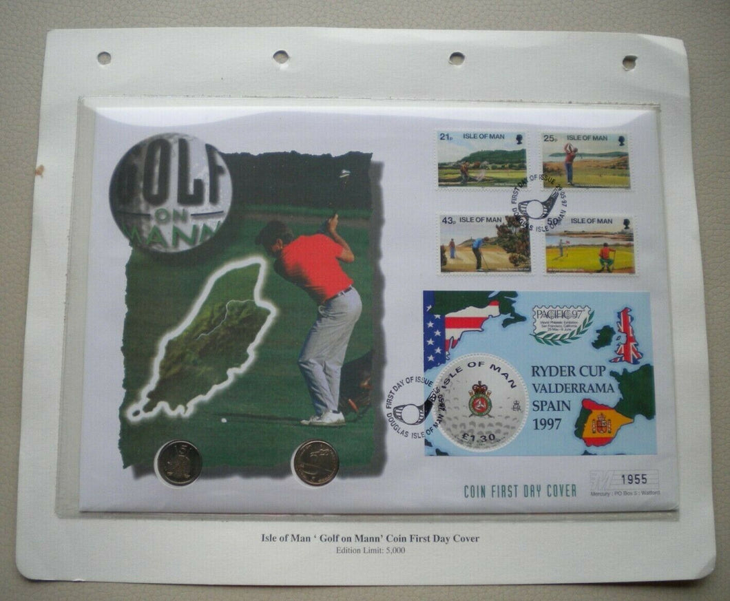 1995 & 1997 GOLF ON MANN BUNC 2 X 5 PENCE FIRST DAY COIN COVER PNC & INFO SHEET