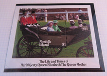 Load image into Gallery viewer, 1985 HMQE QUEEN MOTHER 85th ANNIV COLLECTION NORFOLK ISLAND STAMPS ALBUM SHEET
