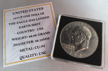 Load image into Gallery viewer, 1977 USA P THE EAGLE HAS LANDED EARTH SHOT ONE DOLLAR $1 COIN UNC CAP &amp; COA
