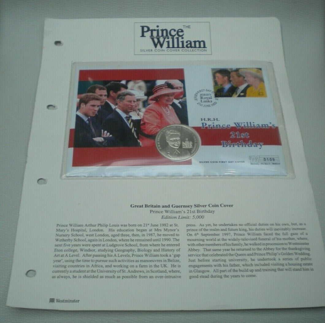 2003 HRH PRINCE WILLIAM 21ST BIRTHDAY SILVER PROOF JERSEY £5 COIN COVER PNC