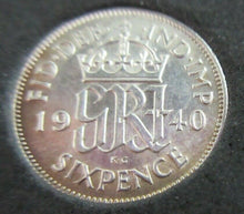 Load image into Gallery viewer, 1940 KING GEORGE VI BARE HEAD .500 SILVER UNC 6d SIXPENCE COIN CAPSULE &amp; BOX
