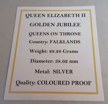 Load image into Gallery viewer, 2002 QEII GOLDEN JUBILEE QUEEN ON THRONE 50P CROWN SILVER COLOURED PROOF BOXED
