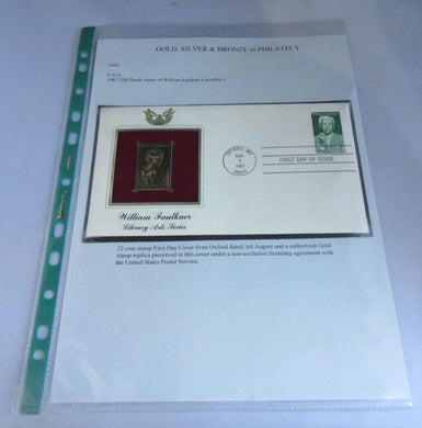 1987 USA WILLIAM FAULKNER LITERARY ARTS SERIES GOLD PLATED 22C STAMP COVER FDC
