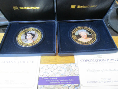 COOK ISLANDS 2012 &2013 $5 DIAMOND JUBILEE 65mm GOLD PLATED COINS BOX/COA