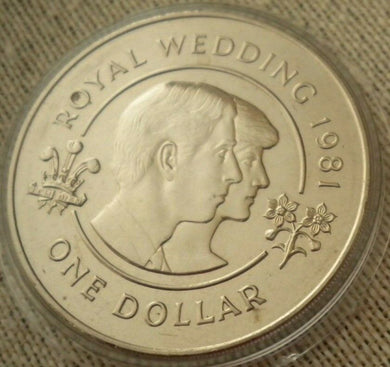 1981 QUEEN ELIZABETH II ROYAL WEDDING BERMUDA ONE DOLLAR COIN IN CLEAR CAPSULE